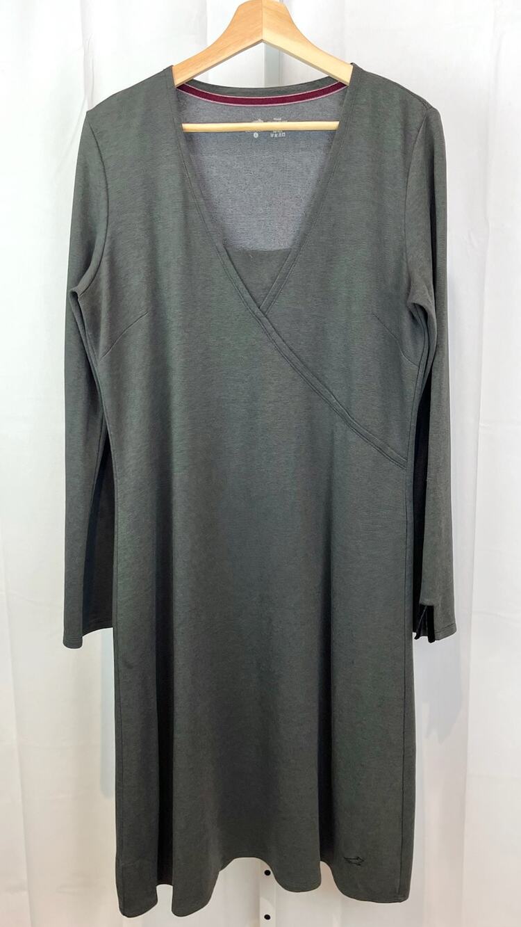 HORNY TOAD & Co  L Long Sleeve Flexcel Midi Dress Faux Wrap Stretch Knit Gray